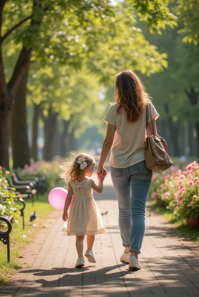 MAMA E HIJA EN UN PARQUE CONA RBBOLES EN UNA ESCENA DE AMOR