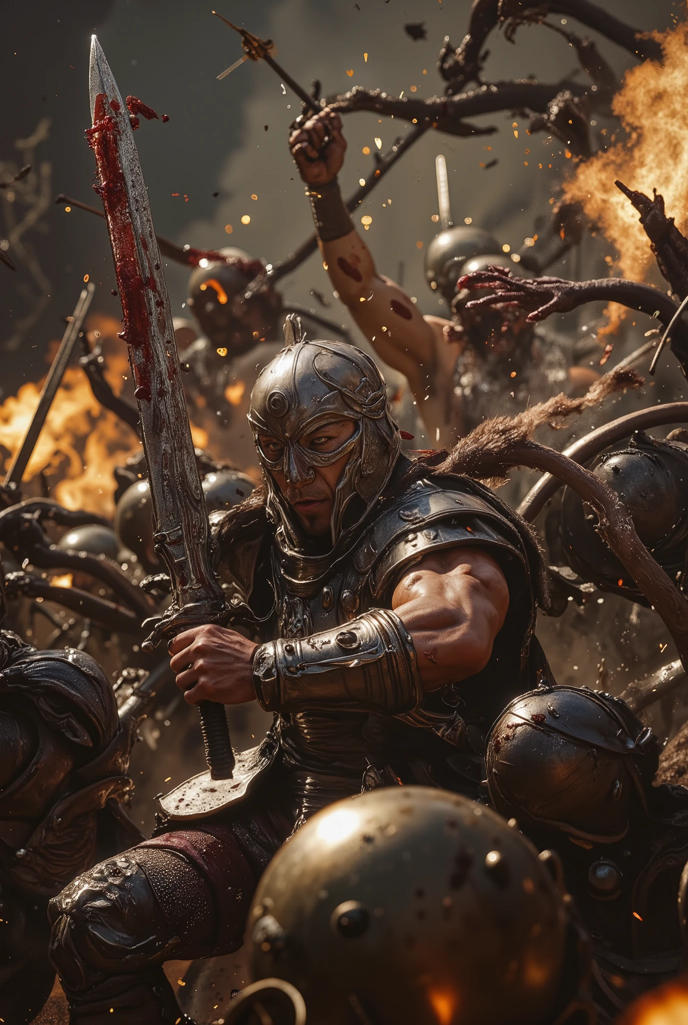 Conan the Barbarian is holding bloody swords as he fights off a horde of the undead. He is covered with blood, ash, and grime. chaotic battle ground, dynamic pose fire, sparks, smoke, raw photography, action, motion blurs, artistic lighting