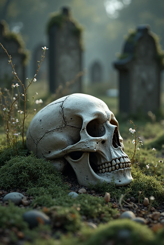 Skull in a dark graveyard