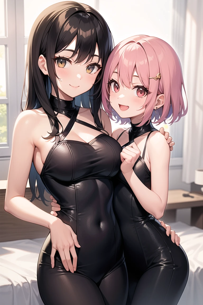 ((Mochizuki Momiji\\new game!\\,pink bobcut hair,hairband,hairribbon,half sidetail,green eyes,gigantic breast,))((suzukaze aoba,twintail hair,very small breast,)),((Super beautiful,))((High quality,)), (sweaty,) (wet all over,) ((((two girls)))),((Perfect body,))((Super beautiful,))((High quality,)),(blushing face and shyly glaring at her),Heavy breathing,saliva, sweat, Sweaty and wet all over,((Perfect body,))((Super beautiful,))((High quality,))(((see-through black High leg swimsuit,)))black thigh-high socks,Sweaty body, love Juice dripping from her crotch,Rough breathing, sweaty body,Blushing, love hotel room on the bed, The whole body is wet and the skin is glossy and shiny, (masterpiece), collar,cowboy shot,standing,nsfw,She an expression full disgust,Closed mouth,pov, Looking at Viewer,((Two beautiful girls are hugging each other and looking at each other)),