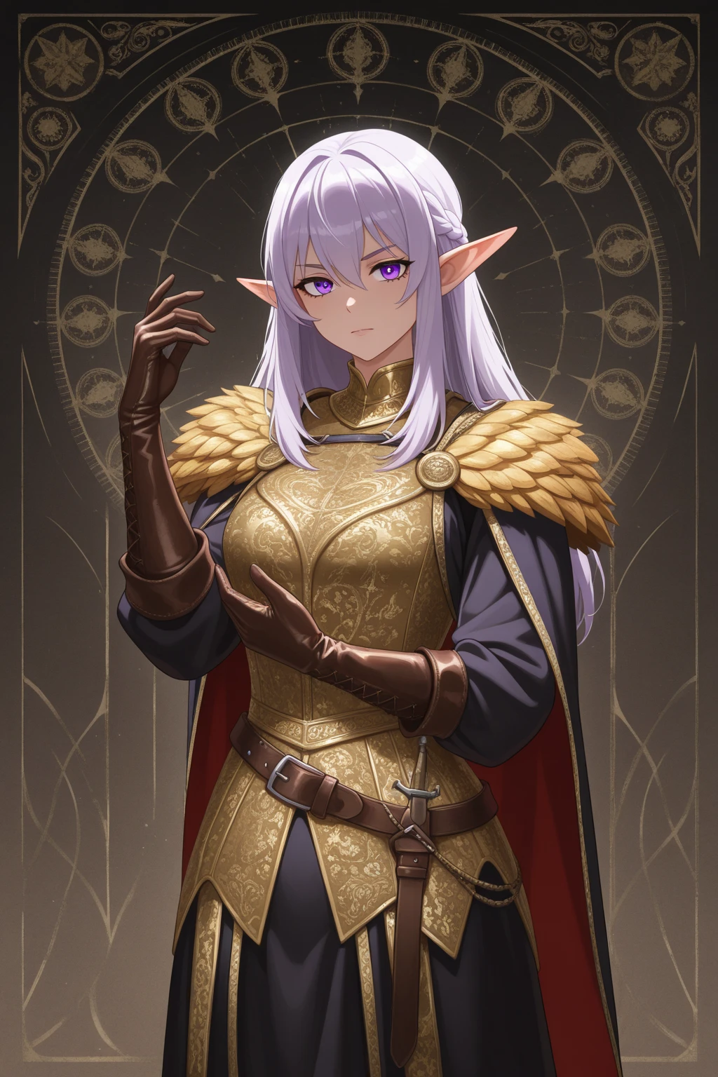 score_9, score_8_up, score_7_up, score_6_up, score_5_up,  <lora:Voice_of_Cards_Isle_Dragon_character_cards_style_SDXL:0.8> vocidcharcard, portrait, ornate border, large breasts, blonde hair, green eyes, looking at viewer, muscular, muscular female, elf, milf, armor, pointing