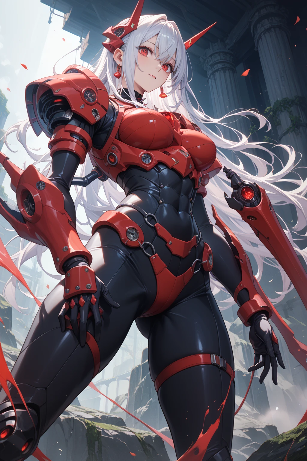 (ultra-definition), Big anime character with red skin and silver hair, Tentacles wriggle behind,thick smooth warframe thighs, Guyver Style, fuchsia skin below the armor, Beautiful Lady in Warframe, Devil's Tail, gynoid body, Commission for high resolution, Widowmaker,