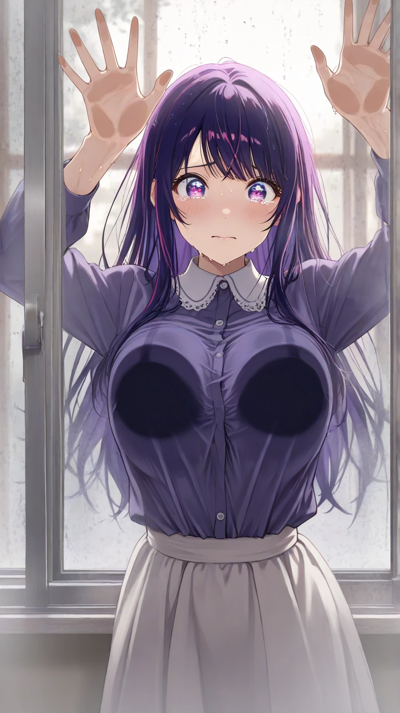beautiful,(masterpiece:1.1),best quality,extremely detailed face,perfect lighting,1girl,solo,sbg,breast grab,breast lift,nipples,deep skin <lora:SelfBreastGrab:0.8>,huge breasts,<lora:ahegaoep2sd2:0.8>,upper body,Milk,(wet shirt:1.1),see-through,<lora:raidenShogunLora_raidenShogun:0.7>,purple hair,<lora:milkingMachine_v11:0.8>,milk,