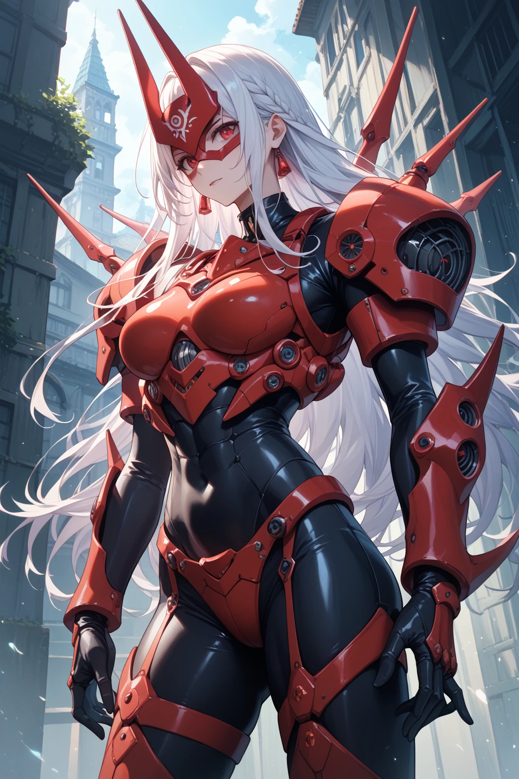 A striking mecha-style magical girl with long, white hair styled elegantly in twin tails, framing her striking red eyes. She stands confidently, her entire body turned towards the viewer, clad in a crimson-colored, intricately designed magical girl-inspired mecha armor. The suit encompasses her from head to toe, emphasizing her feminine curves. The background shows a desolate and destroyed cityscape, littered with rubble and debris, reflecting the aftermath of an apocalyptic battle or a cataclysmic event. The mecha magical girl appears to be standing amidst the ruins, her expression calm and resolute, as if she is the harbinger of hope in this desolate landscape.