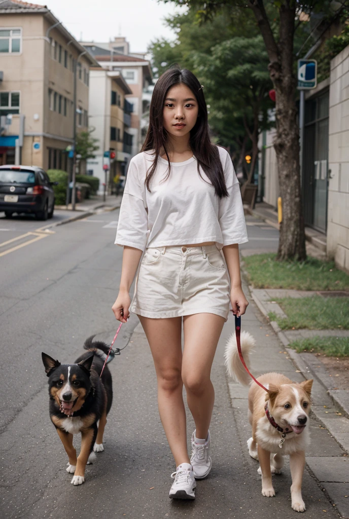 Make an Asian girl with short hair tomboy style, And what is she doing a silly thing