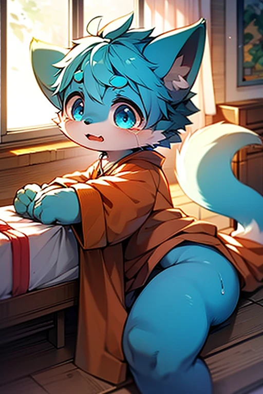 tmasterpiece,high qulity,Ridiculous resolution,digitial painting\(artwork of a\),Dagasi,Yupa,Kiyosan,(Fluffy fur:1.1),(luminance:0.8),Two human male cats。 (Orange eyes,Gray-blue fur,Full Body Furry,Cat nose:1.2),eyes with brightness,in a panoramic view,Character focus。detailedbackground,(Yellow basketball jersey,perspire,dribbble,Playing the Basketball:1.2),(inside in room,basketball playground: 1.2)White socks,children's,The genitals are long and hard,Ejaculation from the genitals