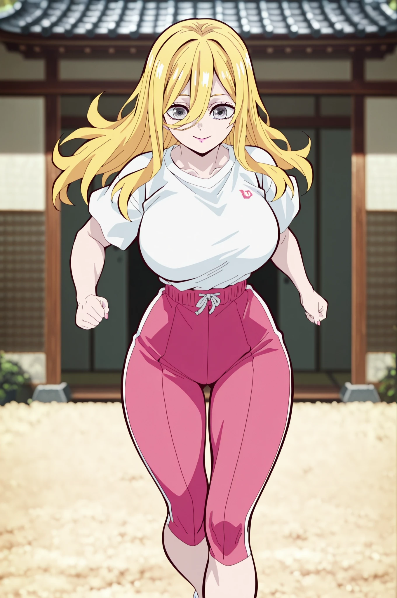 Ayukawa Madoka, Madoka Ayukawa, 1girl, long hair, masterpiece, Highest quality, 8k, Photographic reality, Realistic, Octane Rendering, japanese gym exercise (1 female: 1.4), (There is only one woman in the photo: 1.4), (Long blonde hair), (red line white sports vest|white Yoga Pants), (Blue eyes) Side Display