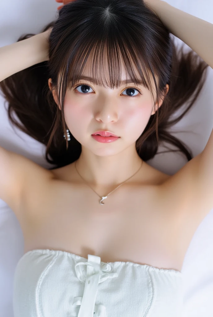 table top, highest quality, one girl, (beautiful girl:1.3), (12 years old:1.2), extremely fine-grained clarity, (symmetrical eyes:1.3), NSFW, (put out naked:1.3), beautiful breasts, brown eyes, parted bangs, brown hair,(bedroom at night:1.2),(dark illumination:1.2),profile,(sleeping in bed:1.2),Angle seen from above,laughter,whole body,