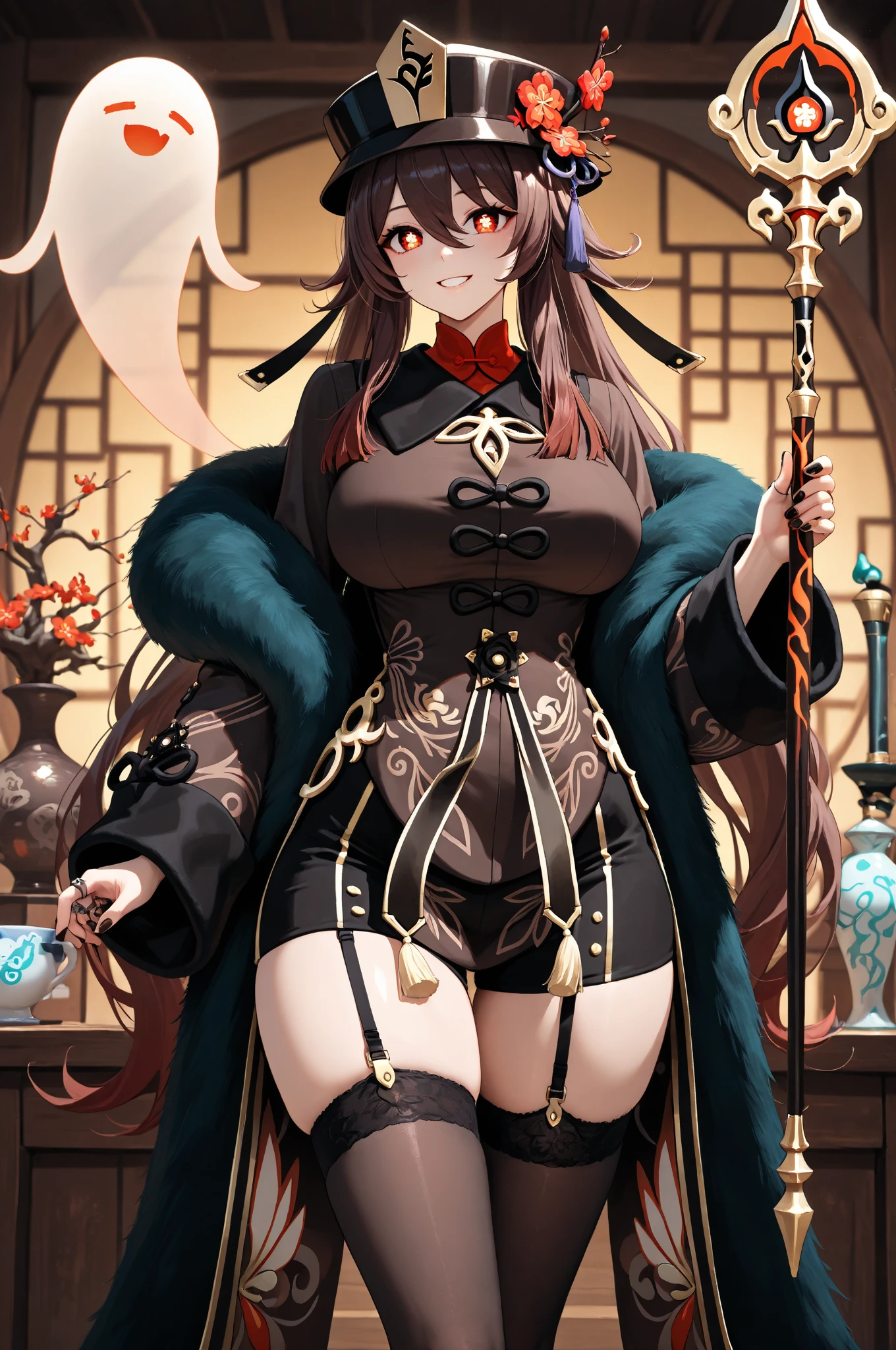 Japanese anime style steampunk illustration、Dimly lit luxury club at midnight,Mechanical prosthetics that only glow under incandescent lights,Comes with steampunk-style mechanical prosthetics and steampunk-style legs、steampunk bunny headband、Steampunk Bunny Suit with Chest Exposed Shirt,Highlight the slender and transparent crotch、The bust circumference moderate、Obsessed,lacivious pose,Beautiful robot girl serving customers
