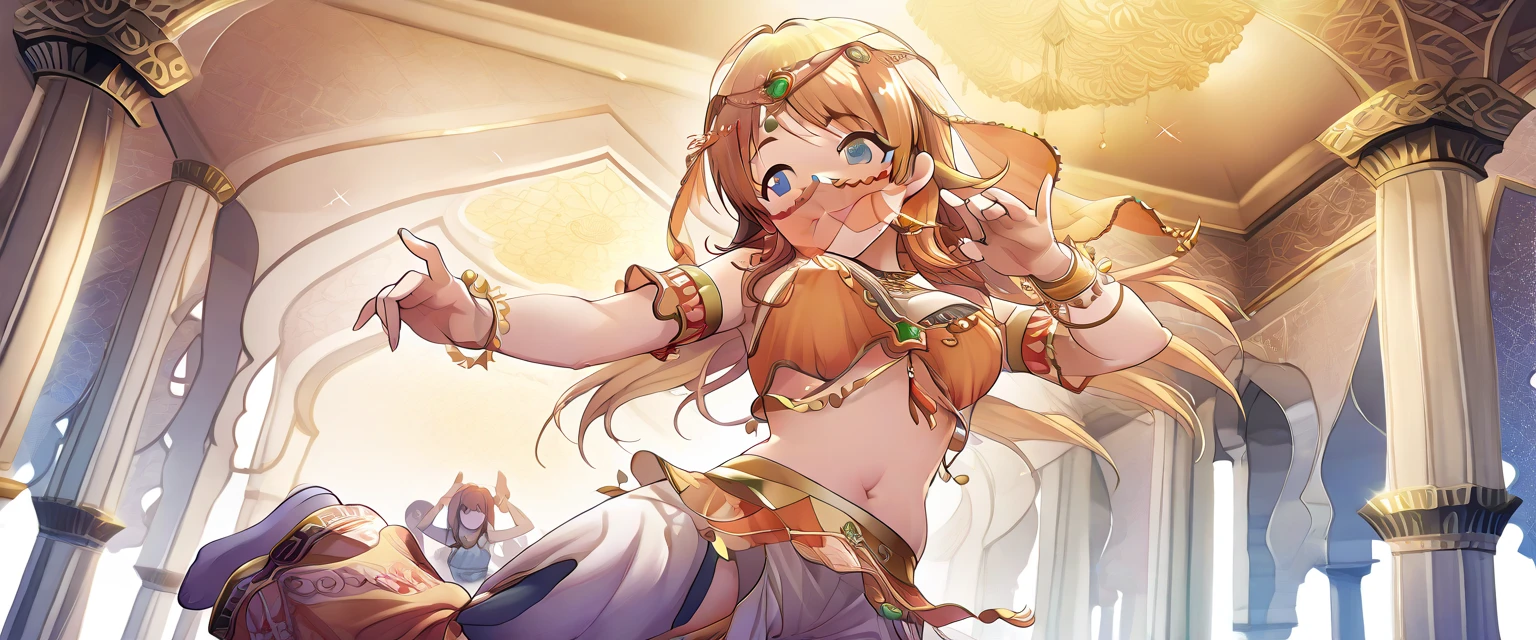 1girl,solo,super detailed skin,shiny skin,wet oily skin, souryuu asuka langley, neon genesis evangelion,natural smile ,long hair,eyelashes,lips gloss,medium breasts,beautifully shaped breasts,harem outfit ,sexy Goddess Costume,unique Accessories,model pose,dance hall,masterpiece,best quality,ultra detailed,high resolution,sharp focus,depth of field,