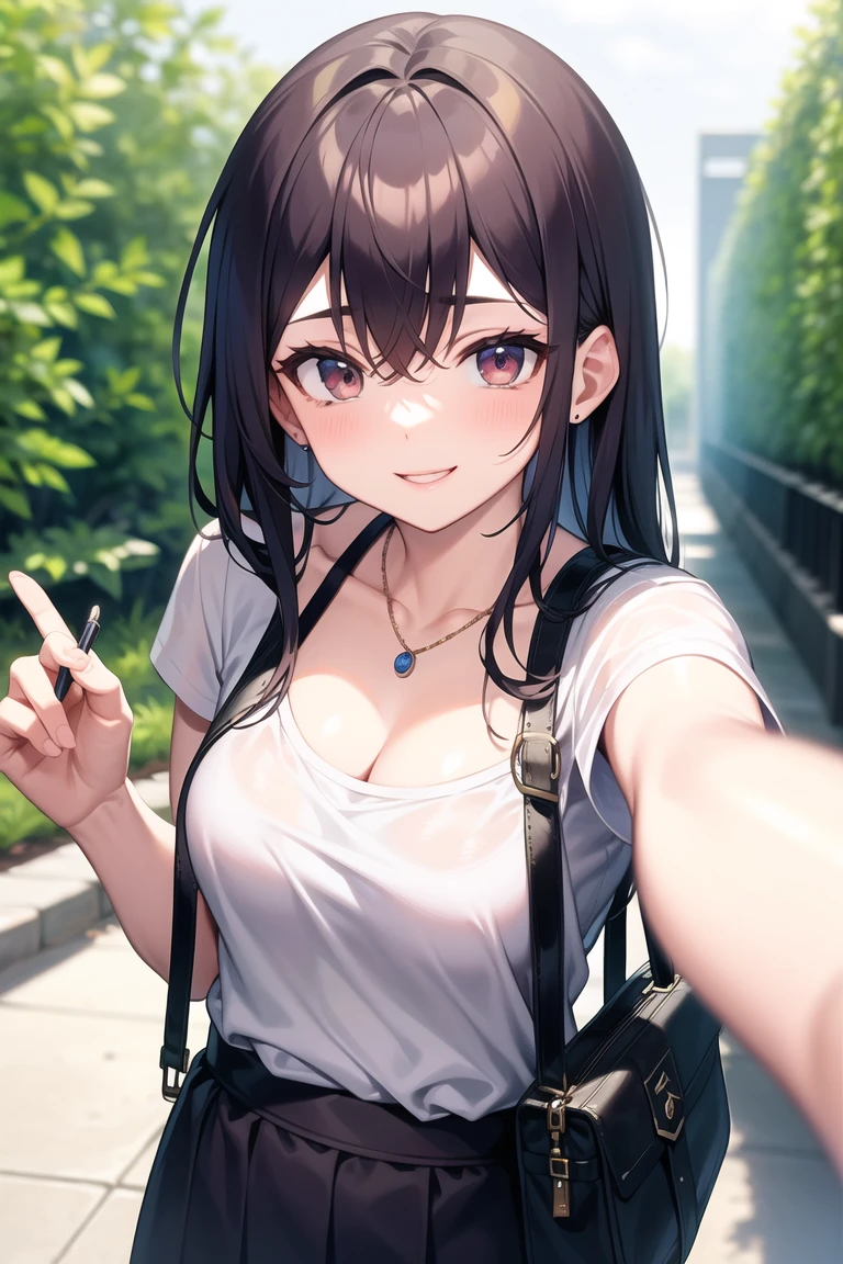 ((masterpiece)), ((best quality)), (ultra-detailed), ((kawaii)), ((cinematic light)), ((extremely detailed)), (8K), best quality, (beautiful), anime style, upper body, (from above), cute girl, 1girl, solo, (smile), beautiful brown hair, beautiful blue eyes)), white-skinned, long hair, parted bangs, (large breast), ((cleavage)), (bare shoulders, bare arms, bare legs, white top, (black tight skirt), (selfie, looking at viewer), gravure pose, landscape