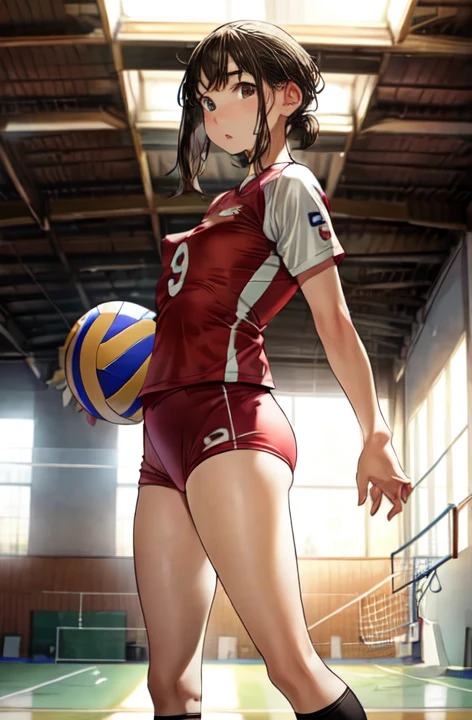 UHD, anatomically correct, 8k, (((masterpiece))), (((best quality))), (((ultra detailed))), (((high-resolution))), ((super fine illustration)), ((Ultimate cutie)), detailed beautiful face, solo, one girl, 17 years old, (potbelly), (curvy), medium breasts, ((Thick thighs)), shiny hair, ((sad)), unhappy , (((tearfully))), (blush), BREAK, adidas, (((buruma))), (sleeveless volleyball uniform), headband, ((wrist bands)), ((kneepads)), BREAK, ((hold the Beautiful spherical shape 6-inch volleyball with both hands)), kneeling, ((sweat)), (perspired), (heavy breathing), sense of depth, in gymnasium, lighting, from below, looking at viewers