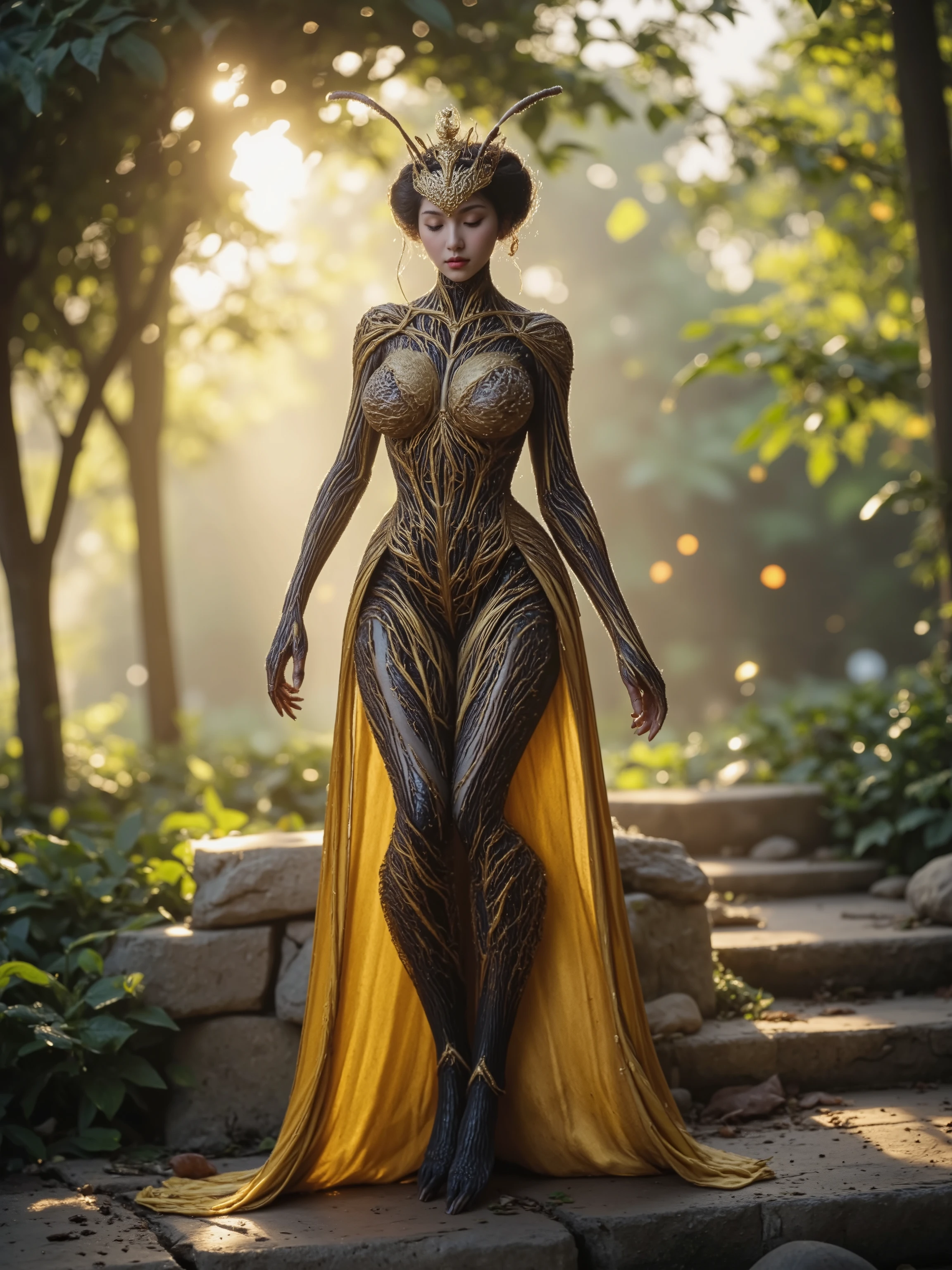 A photorealistic portrait of an anthropomorphized queen ant with long, flowing hair and prominent antennae stands in an elegant pose. The queen ant has a delicate insect lower body with jointed legs and antennae, while maintaining human-like proportions in the upper body. A golden crown adorns her head. Her feminine figure features a rich bustline and refined hands with insect-like features. The background shows a fairy-tale like garden setting with soft lighting that creates subtle rainbow-colored luminescence. Studio photography with high-key lighting and 4K resolution, capturing intricate details against a softly lit background.