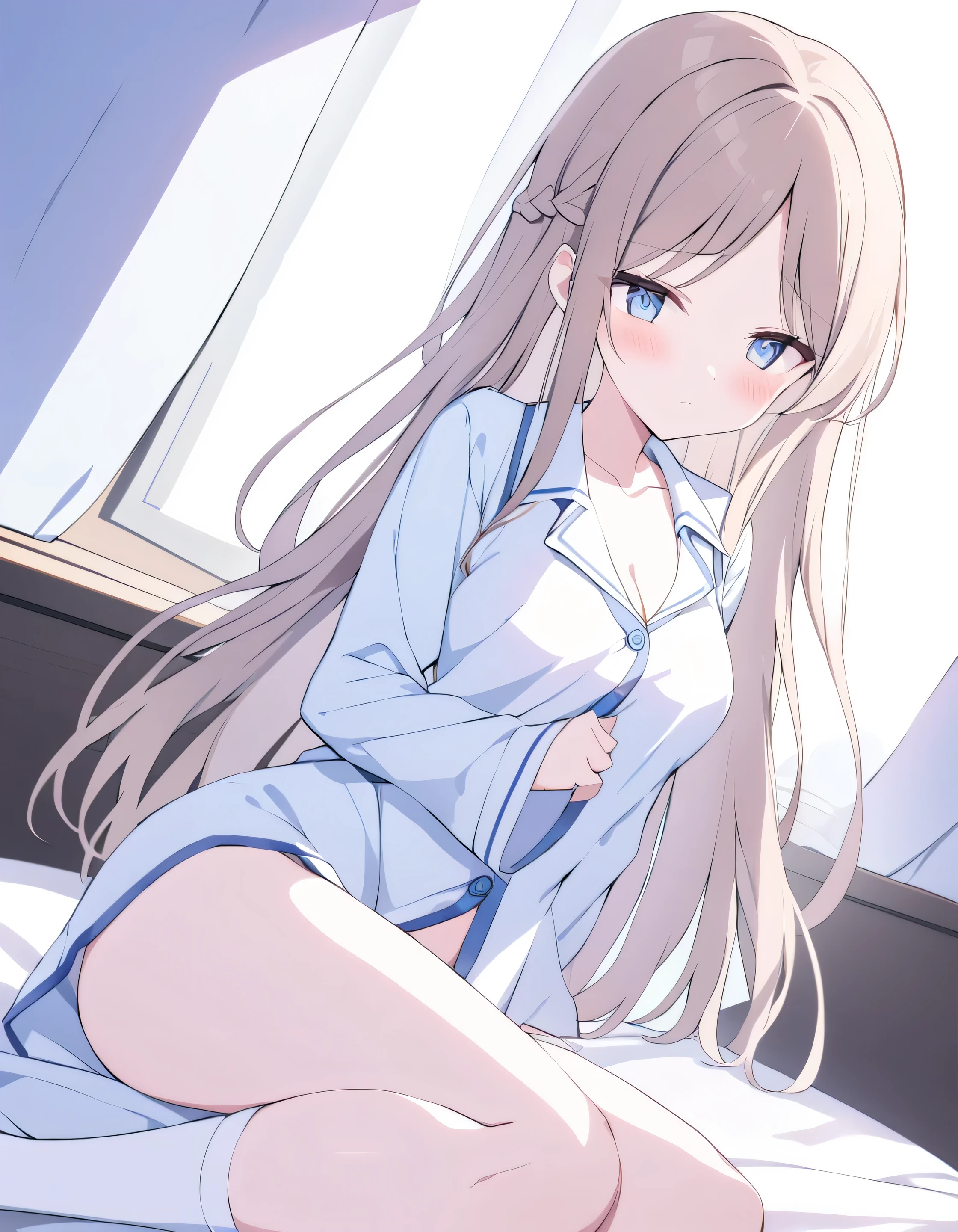 only one girl ,棕色的 hair, long hair, ( blue eyes :1.5), ( medium bust :1.2),
underwear, thigh, White_underwear,underwear, Long_hair, Chest, White睡衣,The pajamas are not fastened when the arms are extended ,Open pajamas,Umbilical cord, Bare Belly, Close your eyes , Close your eyes , Existence_Back, in the bedroom, Hips, bangs, crack, Blush,躺Existence床上,White socks,underwear,White socks,Unhappy,
( Masterpiece:1.2), best quality , high resolution , unity 8k壁纸 , (illustration:0.8), ( beautiful and detailed eyes :1.6), polar detail , Perfect Lighting , polar detail的计算机图形 , (perfect hands),