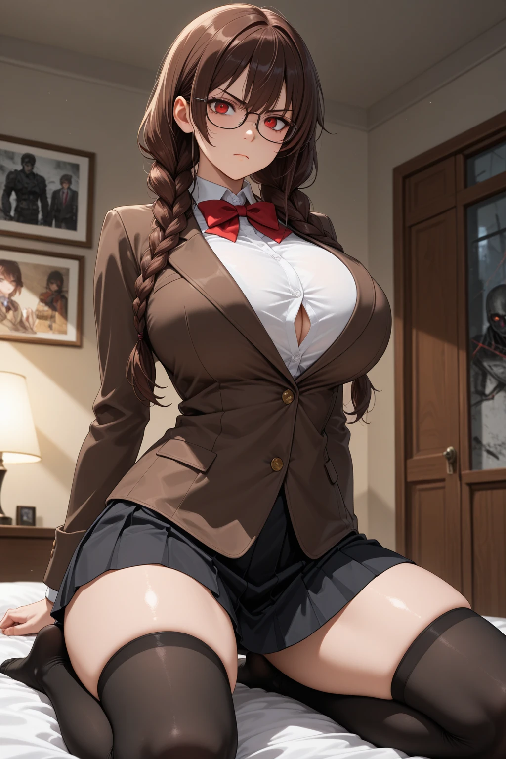 hi-school girl　Changing clothes　Colossal tits　eye glass　Braids　Red lingerie　‎Classroom　masuter piece　top-quality　Hi-Res　Perfect and cute anime illustrations