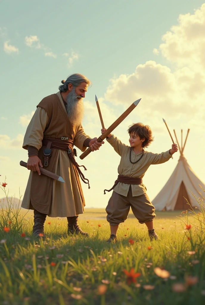 A white-haired tribesman was shot in the head by a shotgun from a distance fired by a young boy, while the white-haired tribesman was about to use his spear to kill another man who was lying on the ground, amidst the atmosphere of the fading fog and the beginning of sunlight.