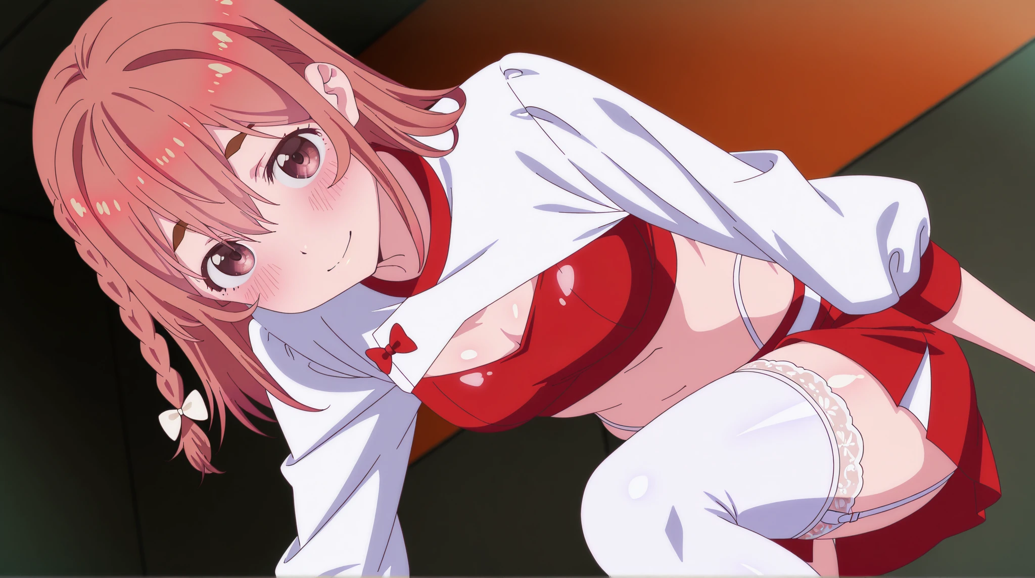 (masterpiece, best quality, ultra-detailed, high resolution, perfect anatomy, detailed, highres, extremely detailed, ultra detailed, very aesthetic:1), (nsfw:1.2), (kyoto animation:1.2), (soft shadows), (high quality skin), (from below), yuuki_yuna, Yuki Yuna is a brave man, (1girl, 独奏, hair ornament, red eyes, hair between eyes, White hair ribbon, bright red hair, side ponytail:1.1), (animal was,fake bunny ear:1.1), (black knee socks, black long sleeves:1.1), (show off breasts, show off nipples, show off stomach, bare waist:1.2), (squatting, spread legs, Squat:1.2),