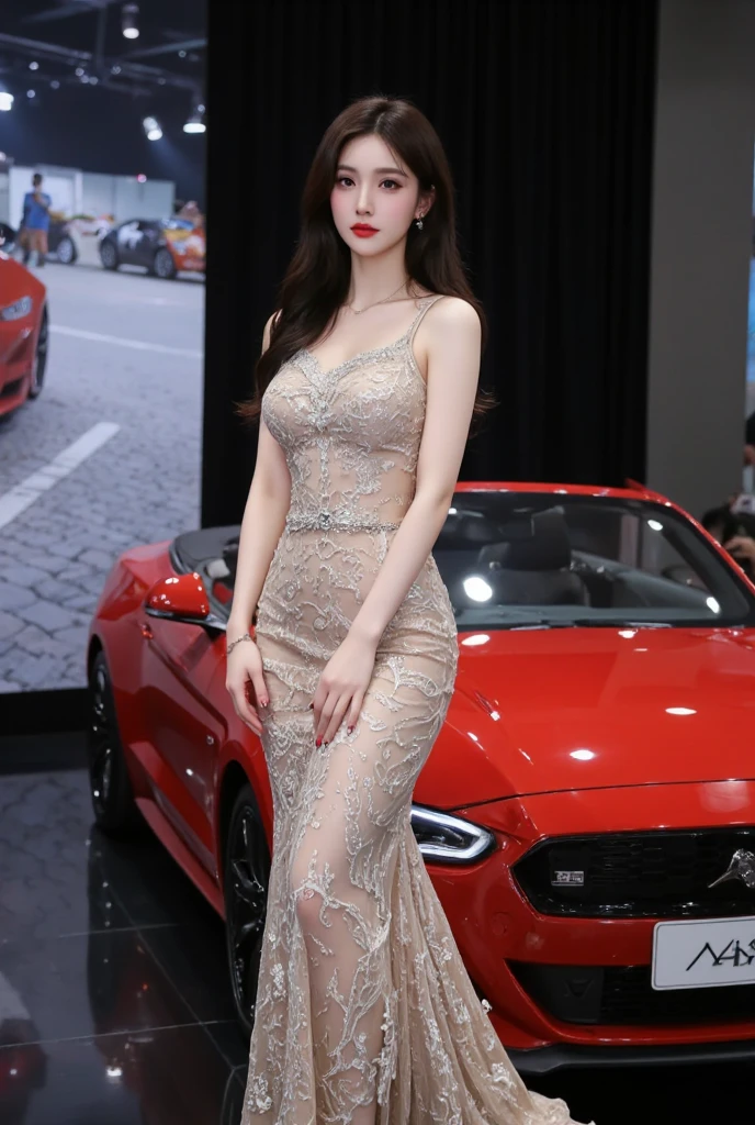 A charming car model wearing a glittering dress and a statement necklace stands next to an expensive concept car on display,Place your hands near your hips, surrealism, High detail, Cinematic lighting, first person perspective, f/1.8, 35mm, hyper HD, Masterpiece, Anatomically correct, Textured skin, Super detail, High quality