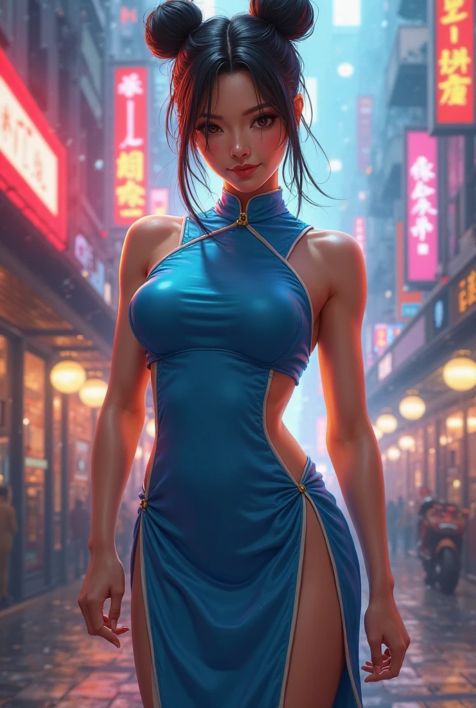 (high res, 8k raw photo, photorealistic:1.4), ultra detailed:1.4, UHD, masterpiece, trending on artstation, portrait, closeup of face and cleavage, (1woman,38yo), pretty, cute face, most beautiful in the world, soft, delicate, (brown hair, middle hair ), attractive breasts,(wearing a necklace and earrings), (wearing a royal blue luxurious long cheongsam:1.2),  at Hong Kong night street :1.4, examination, (standing and attractive pause ) , (beautiful night view),(she seduces you with sexy pause),(shoot from side)