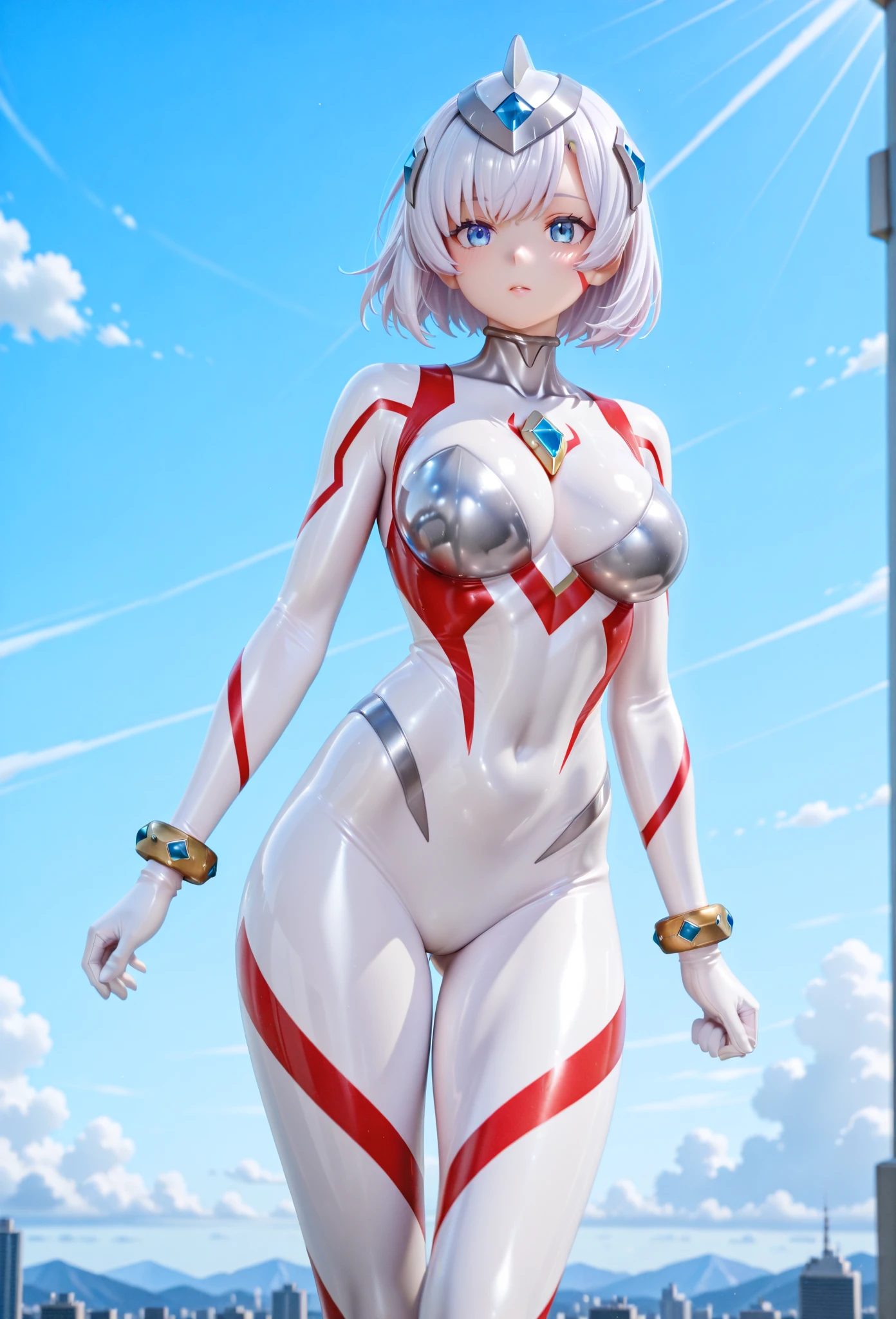 Uta , 1girl , anime , masterpiece , red and white hair , jaqueta aberta open clothes ,medium breasts ,Leotard, sexy collant , lace stockings sexy , shy face ,blush . Back