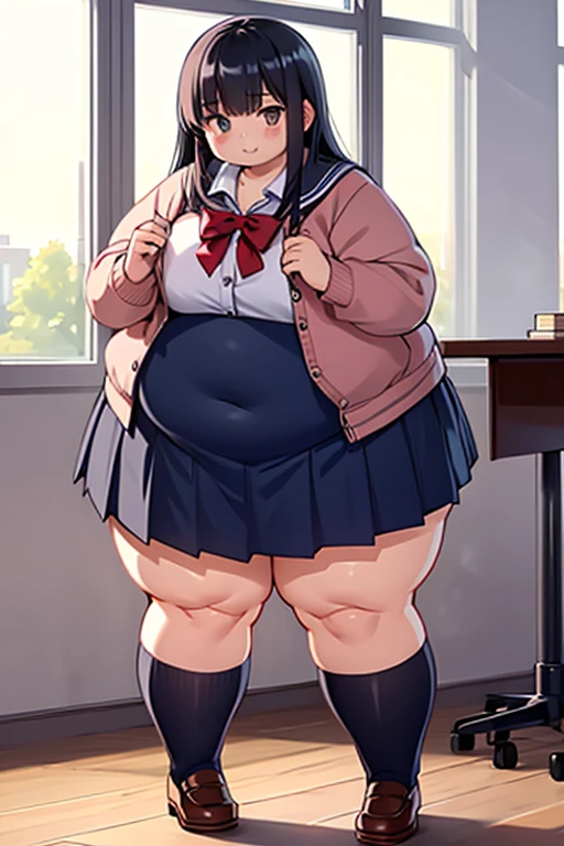 peniparker, frown, sanpaku, looking at viewer, backpack, walking, bedroom, pale skin, bbw, plump, large belly, large breasts, large thighs, love handles, wide hips, weight gain