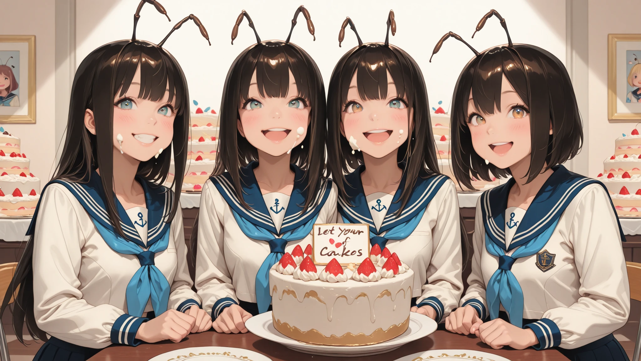 multiple girls, group picture, lineup, 3girls, girls eating donuts, colorful hair, various hairstyles, chibi, (masterpiece:1.2), best quality, high quality, (hyper detailed), 4K, high resolution, extremely detailed CG, (grabbing and eating, donuts), ((Lots of friends)), giggling, funny expressions,