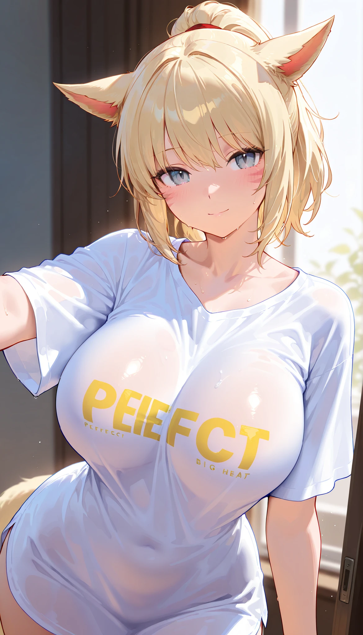 ((solo)), ((1girl)), light Yellow up ponytail, gray eye, Quality_masterpiece, anatomically accurate, Beautiful Face,  Perfect facial features , Highly detailed beautiful face and eyes, Attractive Face, Big Breasts, , , Miqo'te,, big shirt, Slumping in the heat