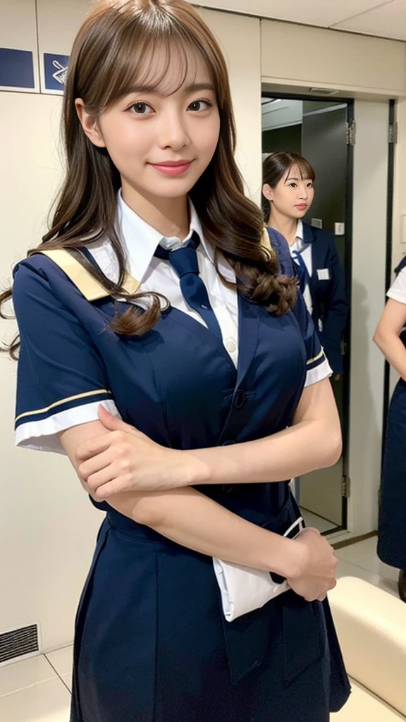 Highest quality、masterpiece、、Very detailed、Realistic、(Young face:1.4)、(Looks like an elementary school ???:1.4)、(Two Girls)、(Looking at me with a mischievous smile)、whole body、Small face、Narrow shoulders、(Big Breasts:1.2)、Thin and beautiful legs、Tight and slim waist、(Cabin attendant uniform with buttons and collar:1.2)、(Tight mini skirt:1.1)、Short Hair、(Erect nipples:1.1)