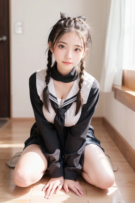 8K, RAW Photos, Fujifilm, Beautiful 20 year old woman style photo, (((Gray Hair:1.3,美しいGray Hairのストレートヘアー、シルキーなGray Hair)))、(((High School Sailor Uniform:1.5,))) Gold earrings, (Highly detailed skin: 1.2), Light medium brown hair, Film Grain, 35mm, Cute Style、(((Sitting 1.5)))、Selfie、Spread your legs、sexy、erotic