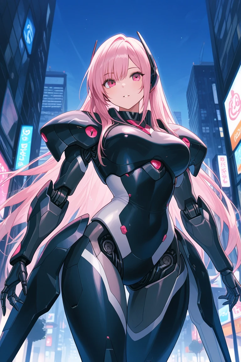 ((Highest quality)), ((masterpiece)), (detailed), （Perfect Face）、The cyborg woman is Lacus Clyne, a beautiful female warrior with blue eyes, semi-long pink hair, and a cyborg body that is mechanized except for her head.、There is a female cyborg in the city of the near future at night.