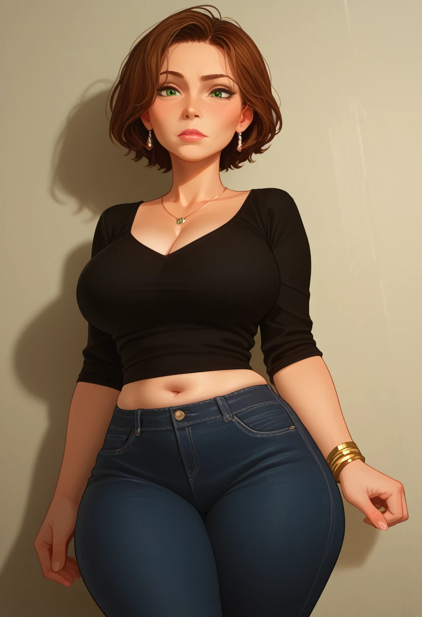 A stunningly beautiful woman, dressed in tight jeans that accentuate her feminine form and a tight blouse which accentuates her feminine form, brunette, pink background, perfect sharp face, suntanned, stunningly rapturously gorgeous, immensely attractive, extremely appealing, obviously flirty and playful, digital painting, digital illustration, extreme detail, digital art, 4k, hyperrealism, trending on artstation, polished, beautiful, radiant, synesthesia, vibrant, photorealistic, 8k ultra hd, unreal engine 5