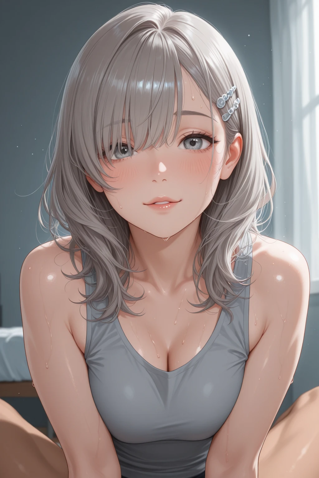 One person、masterpiece、Highest quality、Super detailed、High resolution illustrations、Improve skin quality、Increase eye appeal、Drawn in detail、Perfect body structure、Old woman、Are thin、Tall、Take off your clothes、Remove the bra、Showing her 、Flat chest、Small breasts、Skin blemishes、Skin wrinkles、Aged skin、Wrinkled skin、Fat on the stomach、On the road、blush、Embarrassing、Bad mood、Sweat it out、Sigh、Heat、Black eyes filled with tears、Look down、mole、胸にmole、Black and white hair color、