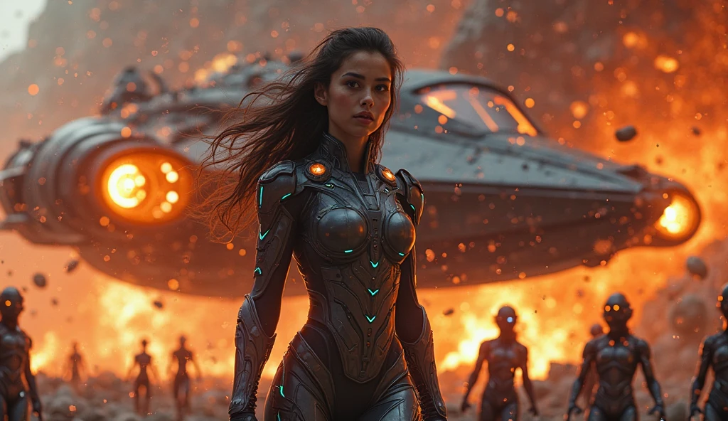 Post-apocalyptic warrior, women, clad in cybernetic armor, radiating light and infinite power, fighting galactic beings