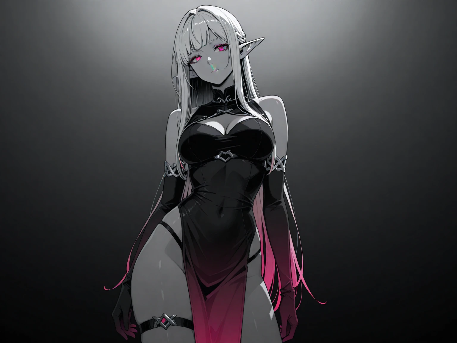 A female Milf demon with long silver hair and purple locks with elf ears and black demonic horns, Yellow eyes of the demon, pupila vertical, rosto maduro e adulto com um sorriso perverso para os espectadores, dentes de vampiro, corpo volumoso com seios e busto enormes, pale skinned, Widow's dress, The floor is made of a red liquid, Particulas roxas, purple mist, magia negra, ..lua, corpo volumoso com seios e busto enormes, Silver hair with purple locks wet with drops of this red liquid,(yellow demonic eyes), olhos brilhantes, Moda realista, sysie high definition details, fotografia, perspicacity, unique 850 4, Koda850 k portrait camera, Primavera F1.6, cores ricas, Textura super realista, textura de luz espetacular, arte surreal, Cinestil 800 mecanismo de moda.