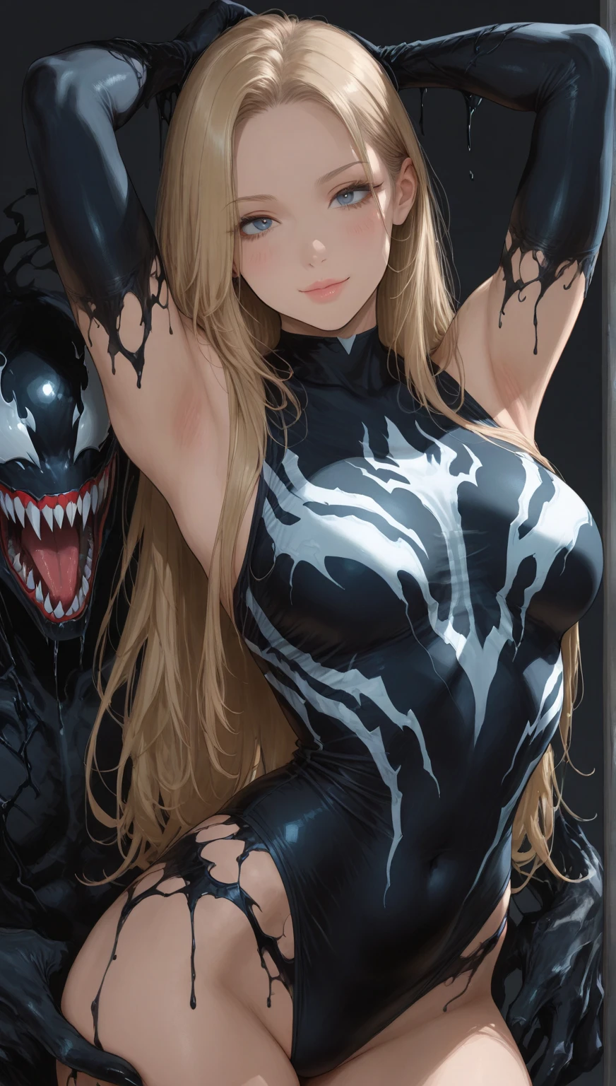 ((Highest quality)), ((masterpiece)), (detailed), （Perfect Face）、The woman is Tiare, a green-eyed, blonde, medium-long-haired female Venom, whose body has been completely transformed into Venom and who is wearing a Venom suit.、The woman and Venom are embracing each other