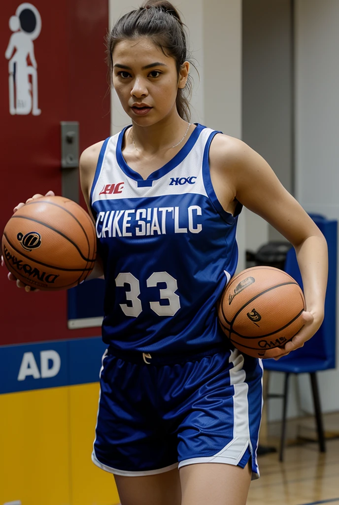 (best quality,4k,8k,highres,masterpiece:1.2),ultra-detailed,realistic,short hair,headband,dark eyes, Shizune,lady,perfect body,perfect breasts,thick thighs,wearing a basketball jersey,on the basketball court,holding a basketball