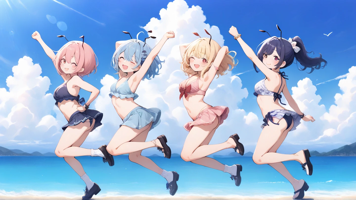 Texture CG, ((Ultra Detail Art)), ((master piece)), (extremely details CG),Multiple girls,3girls,harem,nsfw,cheerleaders,cheerleading poses,dynamic poses,(gals,gyaru),((((bright blue cheerleader unifrom))),skirt ,(((pleated micro skirt))),underboobs ,medium breasts, beautiful legs,legs up,standing on one leg,spread legs,tiny miniature microbikini,string-only microbikini, microbikini wedged in vulva,pussy peek,clitoris slip,very lowleg,anus peek,wind lift,from behind,(from below:1.3), long hair, blonde hair, brown hair, pink hair, silver hair,ponytail hair,Curve, Beautiful detailed eyes , gleaming skin, bracelet, ,hair ornament, hairclip, jewelry, open mouth ,light smile, embarrassed:1.4,outsides ,clear sky, in summer ,windy ,garden,