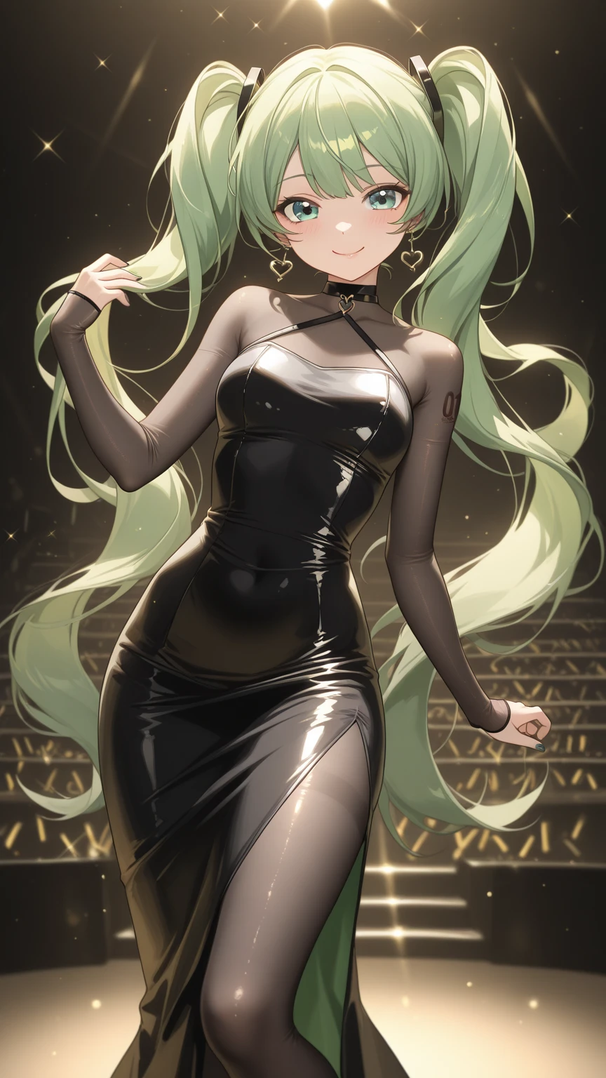 1girl, zodiac_mallow, solo, lovely small breasts, solo, green hair, long hair, twintails, headband , pink flower in hair, green eyes, looking at viewer, dark skin, head tilt,smile, parted lips(teeth), nose blush, blush,dark skin, ????,black tight dress, latex dress, buttons, see-through, cleavage,black heels, in the castle, standing,spread legs, hands on hips, Full-body
