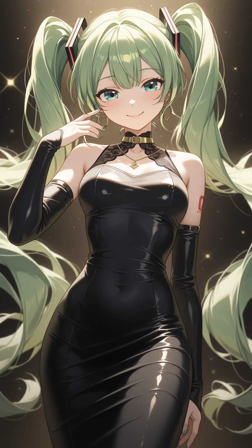  1girl, zodiac_mallow, solo, lovely small breasts, solo, green hair, long hair, twintails, headband , pink flower in hair, green eyes, looking at viewer, dark skin, head tilt,smile, parted lips(teeth), nose blush, blush,dark skin, nude,black tight dress, latex dress, see-through, cleavage,black heels, in the castle, standing,spread legs, hands on hips, Full-body 