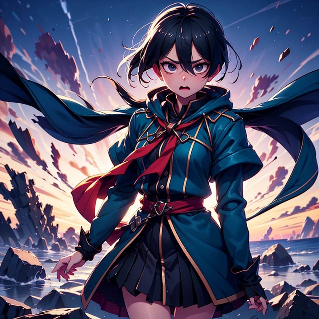 blue wizard dress, blue cape, serious, red glowing eyes, long black hair, dark aura