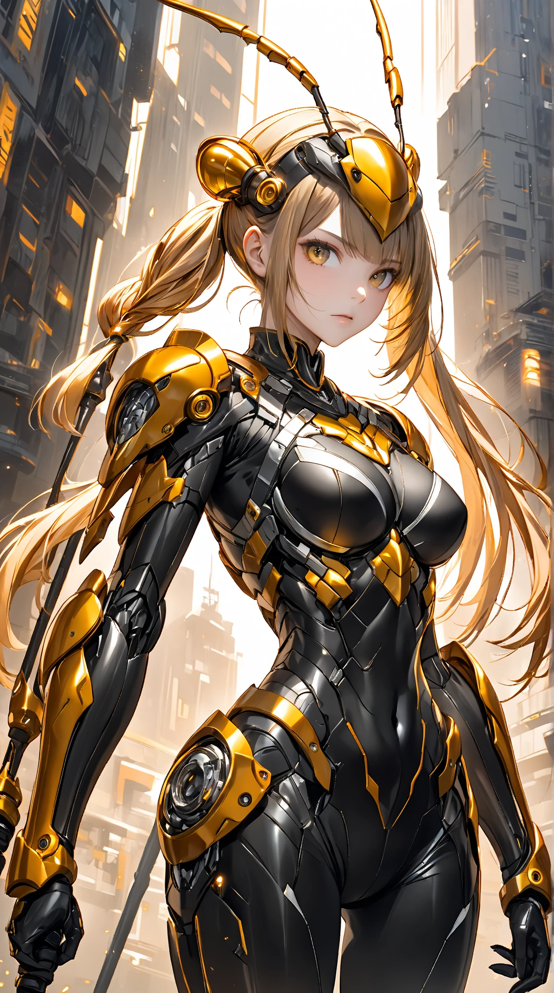 A beautiful girl wearing a high-necked bodysuit that fits snugly up to her neck(20th Generation)Equipped with shark-shaped robot armor Equipped with fin-shaped armor on arms Long hair in a side ponytail Hair color: soft gold