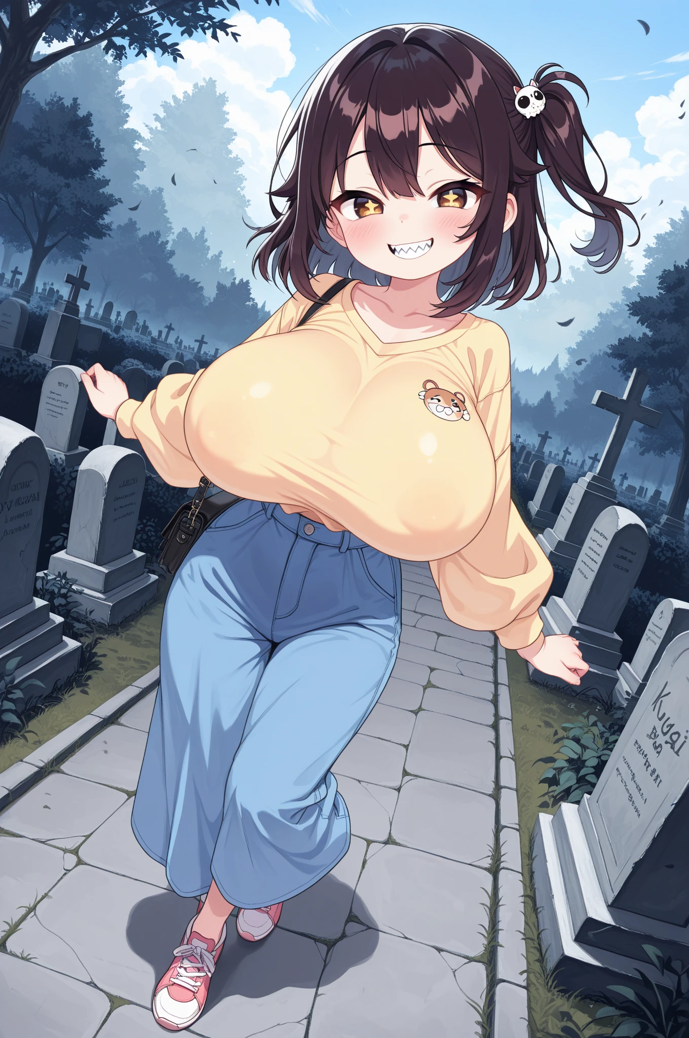 mature woman、Plump、Super big breasts、super big butt、camel toe、huge tit、Nipple Puffs、cleavage、See-through crop top、Nipple Puffs、Big hard erect nipples、darkness、outdoor、cemetery