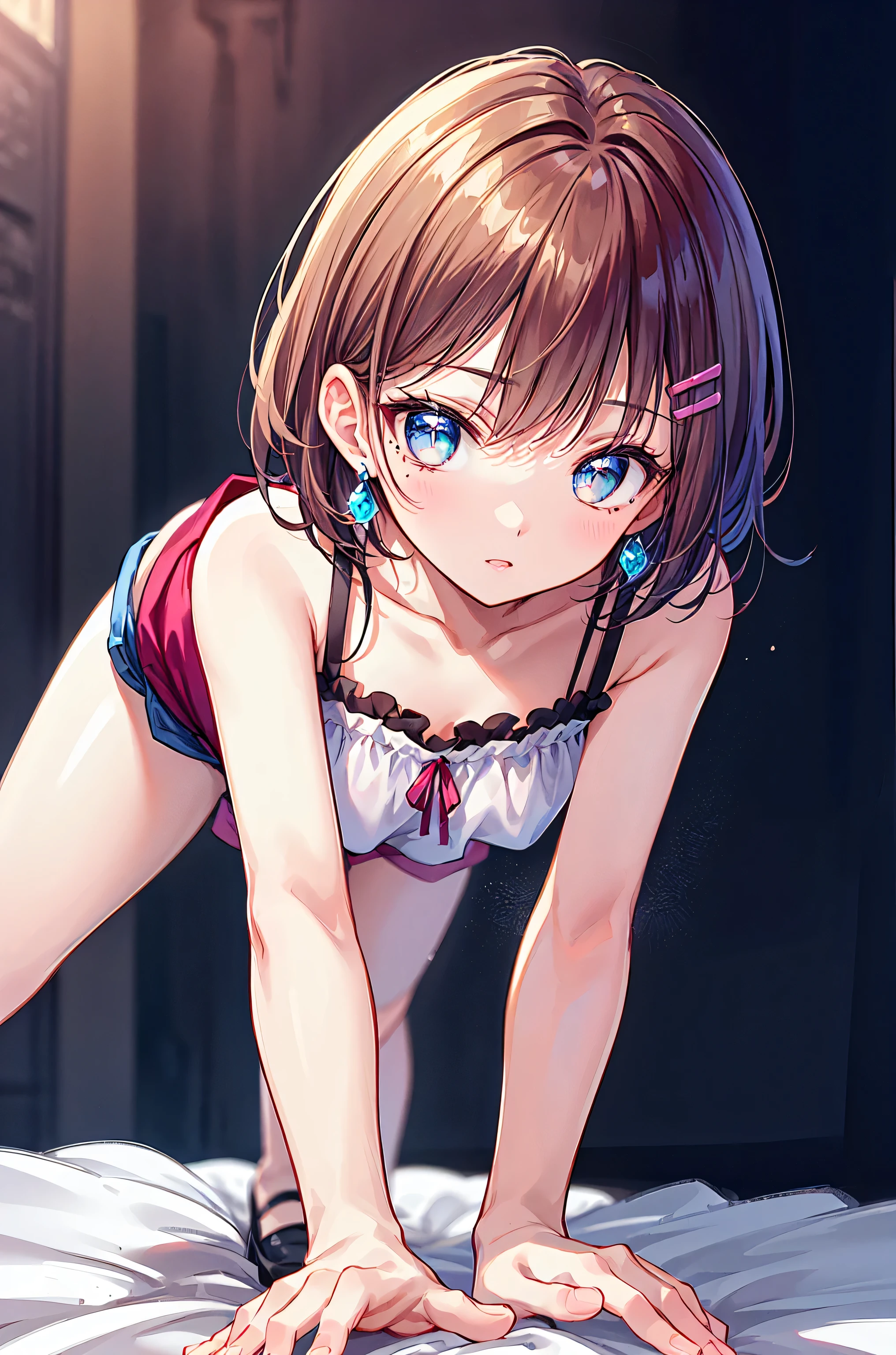 (best quality,4K,8k,high resolution,masterpiece:1.2),super detailed,(actual,realistically,realistically:1.37), Ultra high definition face, Woman in camisole with frilled dress, posing for photo, seduct smile, attractive girl, jaw-dropping beauty,medium breasts,Thin waist and thick hips, hourglass figure, fitness model, rosy cheeks, Alluring with a smile,Bokeh, Dynamic Angle, (((Leaning forward:1.2))), close arms, Close-up face:1.5, whole body, From below:1.2, (Correct Anatomy:1.6, Ideal body proportions, The right move:1.5, Small hands)