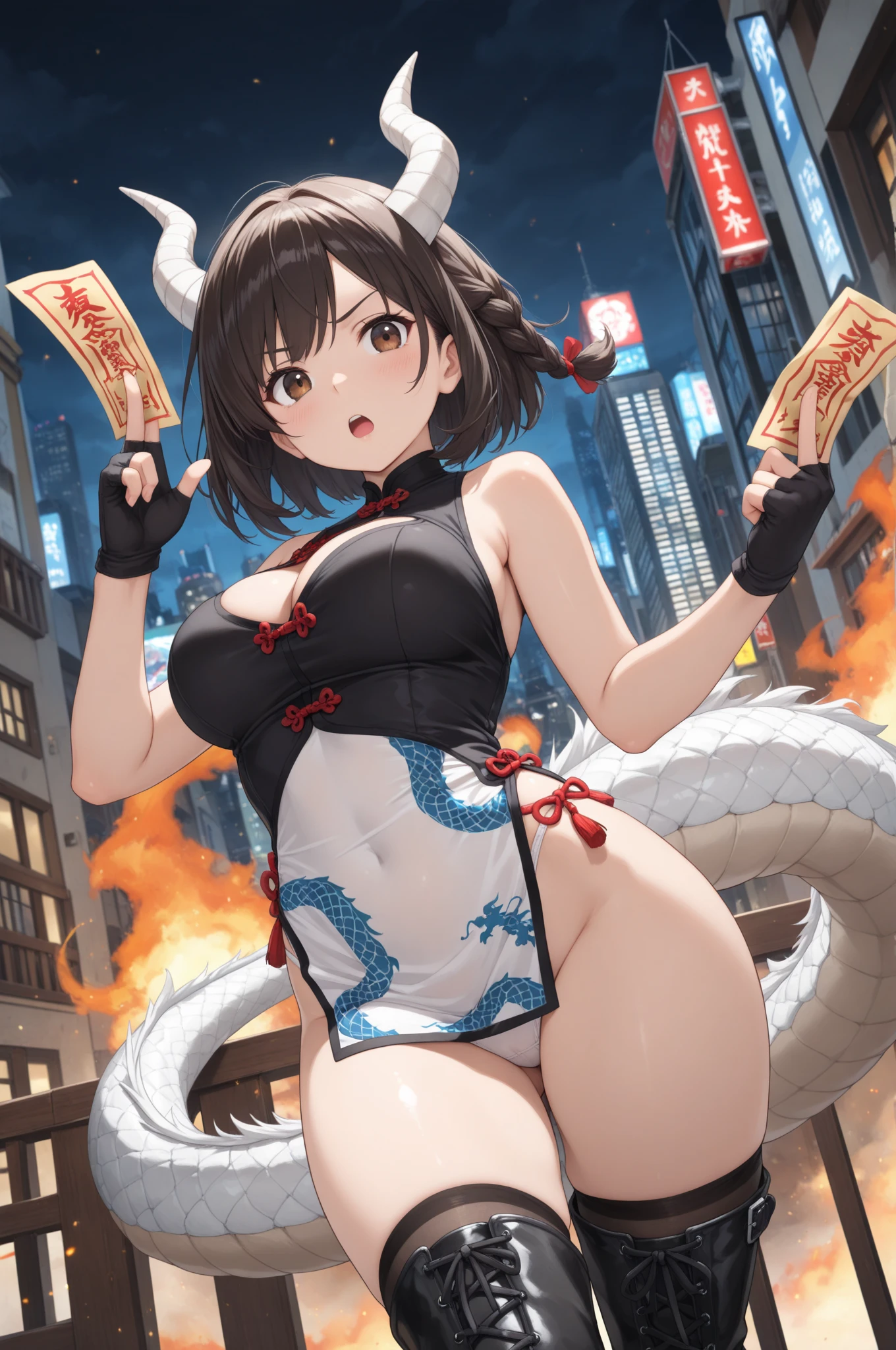 Kyoto Animation stylized anime mixed with tradition Chinese artworks~ A dragon flying at modern cyberpunk fantasy world. Cinematic Lighting, ethereal light, intricate details, extremely detailed, incredible details, full colored, complex details, insanely detailed and intricate, hypermaximalist, extremely detailed with rich colors. masterpiece, best quality, aerial view, HDR, UHD, unreal engine. plump looking at the camera, smooth thighs, (glittery jewelry) ((acrylic illustration, by artgerm, by kawacy, by John Singer Sargenti) dark Fantasy background, glittery jewelry, Representative, fair skin, beautiful face, Rich in details High quality, gorgeous, glamorous, 8k, super detail, gorgeous light and shadow, detailed decoration, detailed lines