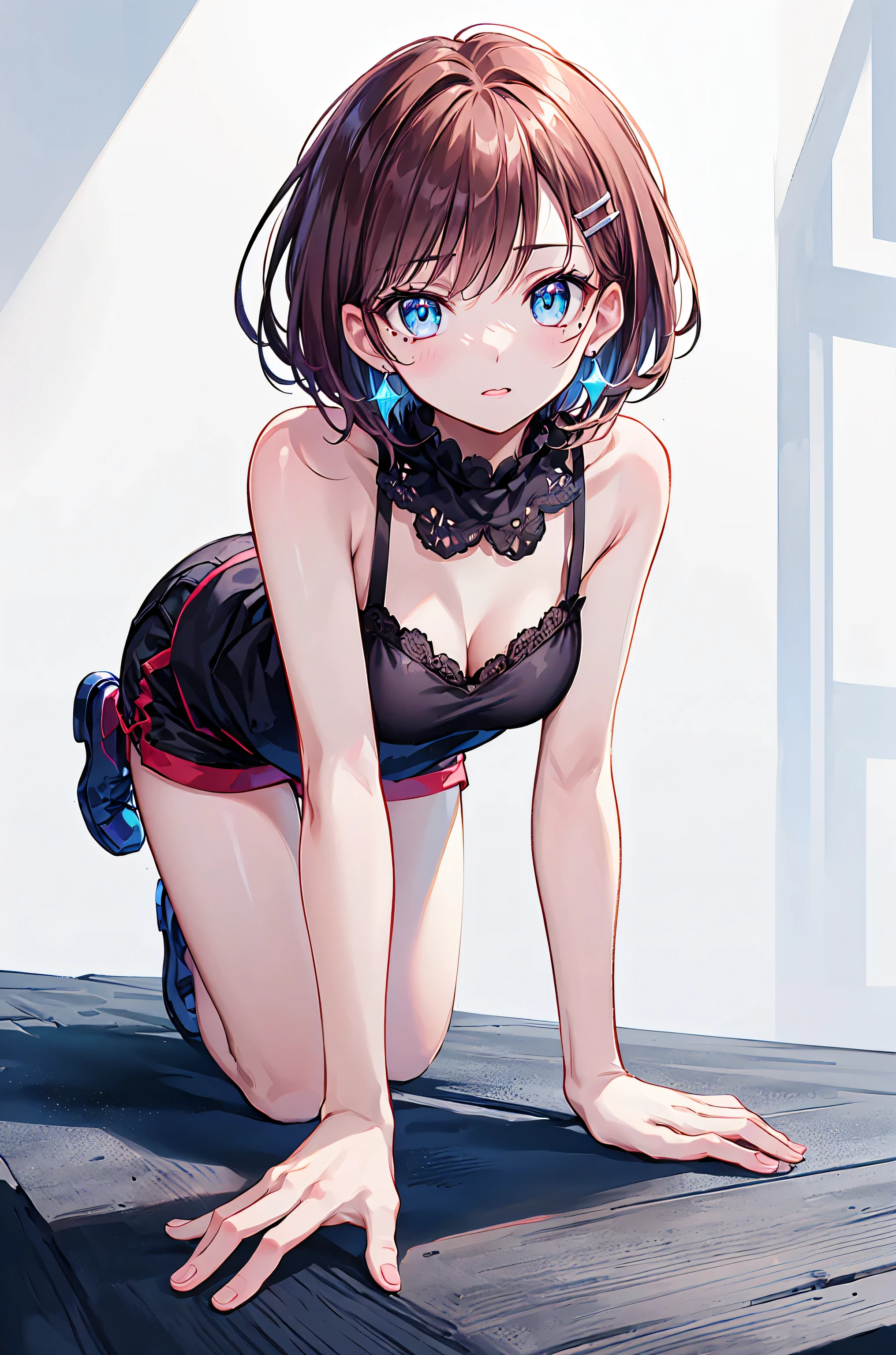 absurdres, RAW photo, extremely delicate and beautiful, masterpiece, Best Quality, ultra high resolution, 32k, hyperrealistic, ultra-detailed, Very detailed CG 8k wallpaper, Beautiful Lighting, Perfect Lightning, Realistic Shadows, perfect anatomy, super Detailed skin, Japanese woman, late 20s, very Slim body, narrow waist, very small head, handsome detailed woman, very detailed eyes and face, realistic face proportions, Stunning detailed eyes, Realistic beautiful face, very small face, Realistic small beautiful eyes, tearful mole, earring, beautiful and very thin legs, beautiful and very thin thighs, very huge round breasts, medium hair, black hair, full body shot, (white shirt:1.2), brown skirt,