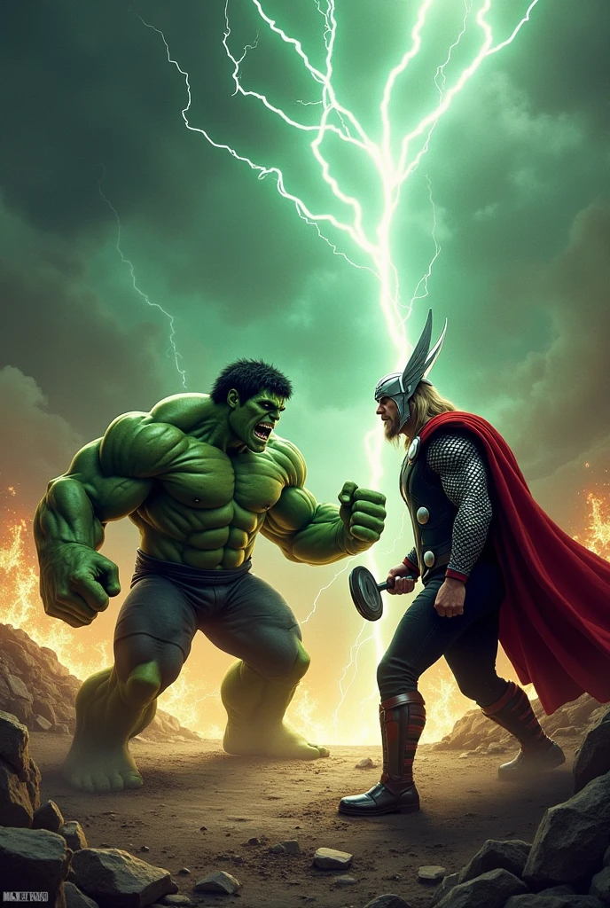 Have Thor with orange cape swing an orange demolition hammer with the number 70 at Hulk and have Hulk be lying on the ground with a cowboy hat and behind them an orange rocket with the number 70. And a sentence written underneath, speaking ( Feel the hammer blow of the 70)