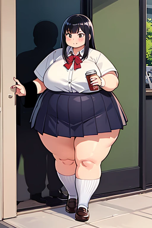 ((highres)), Masterpiece, high quality, best quality, beautiful, perfect lighting, detailed face, ultra cute face, looking at viewer, (((1girl))), (((solo))), long hair, fluffy hair, brown hair, ponytail, green eyes, ((blush)), white tank top, short red pleated skirt, thigh highs, chocker, large breasts, cleavage, perky breasts, (wide hips), (thick thighs), chubby belly, standing, fast food restaurant, arms behind back,