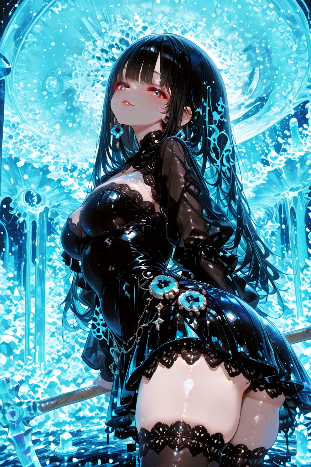 A delicate, graceful young woman with long, flowing, straight black hair and cat ears. She wears an intricately patterned blue mini-skirt dress with off-the-shoulder sleeves and a fitted bodice. The background is a dreamy night sky with petals floating in the air, a fantastic and ethereal atmosphere. Her expression is gentle, enchanting, and slightly fantastical, and the angle is from below.