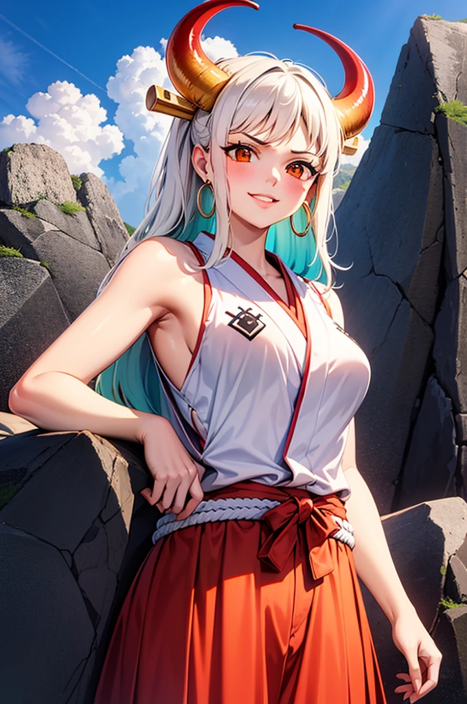 Style 9,1 woman, laying on sand, yamato one piece, white hair, pony tail, green hair at tip, horns, yellow eyes, detailed eyes, white clothes, red skirt, big breasts, illustration,beautiful background,whole body,high angle shot, from above, Beautiful photography pose,profile,view at viewer, high detailed wallpaper, high quality, masterpiece