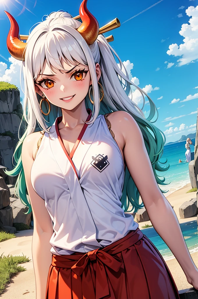 masterpiece, best quality, highres, Amira, long hair, bangs pinned back, topknot, forehead, choker, bare shoulder, cleavage, red mini shorts , sports bra,bow, sleeveless, cowboy shot, standing, outdoors, bar, smile, shy, blushing smile,showing ass